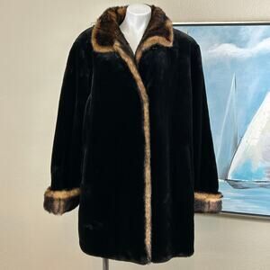 Vtg Tally-Ho Faux Fur Coat Glossy Black with Brown Collar and cuffs size 2X